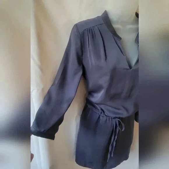 SIZE SMALL Tinley Road Silky Split-Neck Smocked Waist Drawstring Dress, Blue - Picture 4 of 10